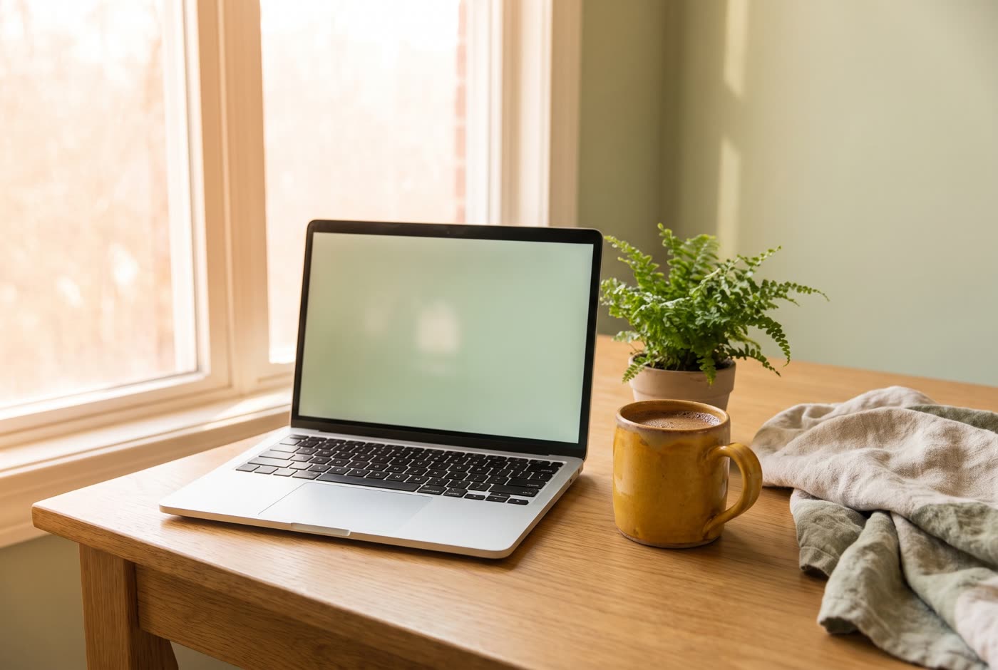 A laptop on a table by a window with a cup of chai, ready for an online session