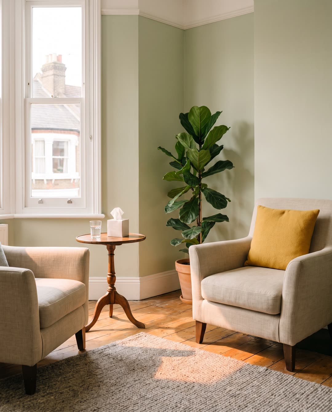 A calm therapy room with two armchairs facing each other by a tall window