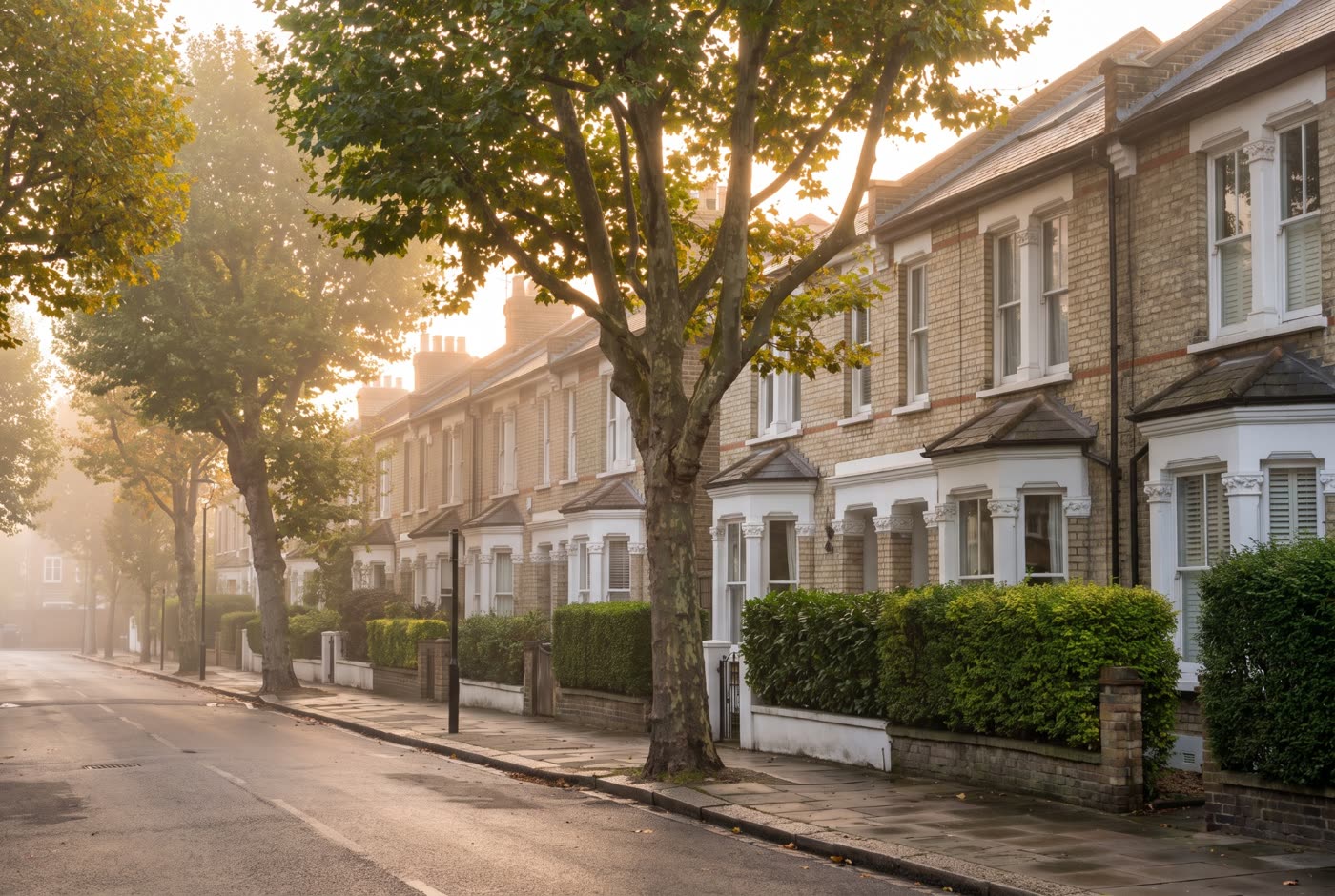 A quiet, leafy street of Victorian houses in West Ealing in morning light